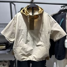 潮牌宽松抽绳工装连帽上衣男士夏季个性百搭拼接撞色短袖T恤外套