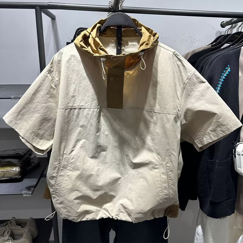 潮牌宽松抽绳工装连帽上衣男士夏季个性百搭拼接撞色短袖T恤外套