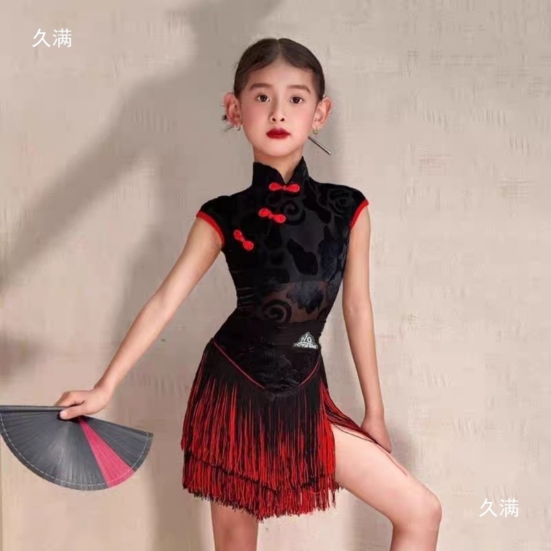 新しいダンス服子供ラテンダンス春と夏のノースリーブ古代スタイルのチャイナドレスタッセルパフォーマンス服練習服女の子ダンス|undefined