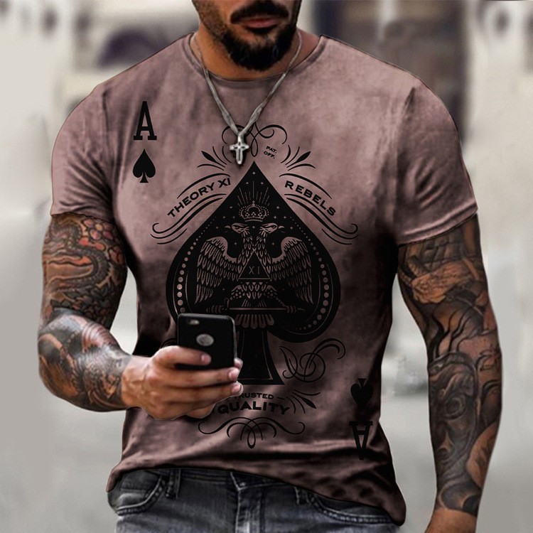 High Street Personality Poker Gambling God A Digital 3D Print Camiseta de manga corta suelta con ancho de hombro recto casual para hombres