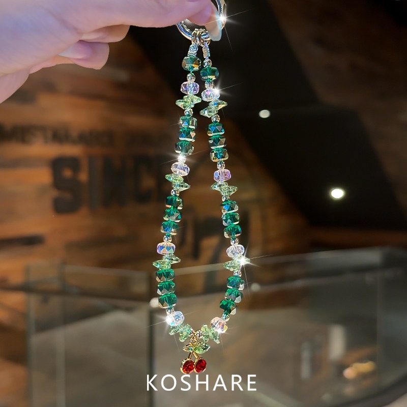 Cereza verde verano flash cadena de teléfono móvil lujo ligero de alto nivel sensación bolsos de cristal colgante colgante de mano colgante de chicas colgante creativo