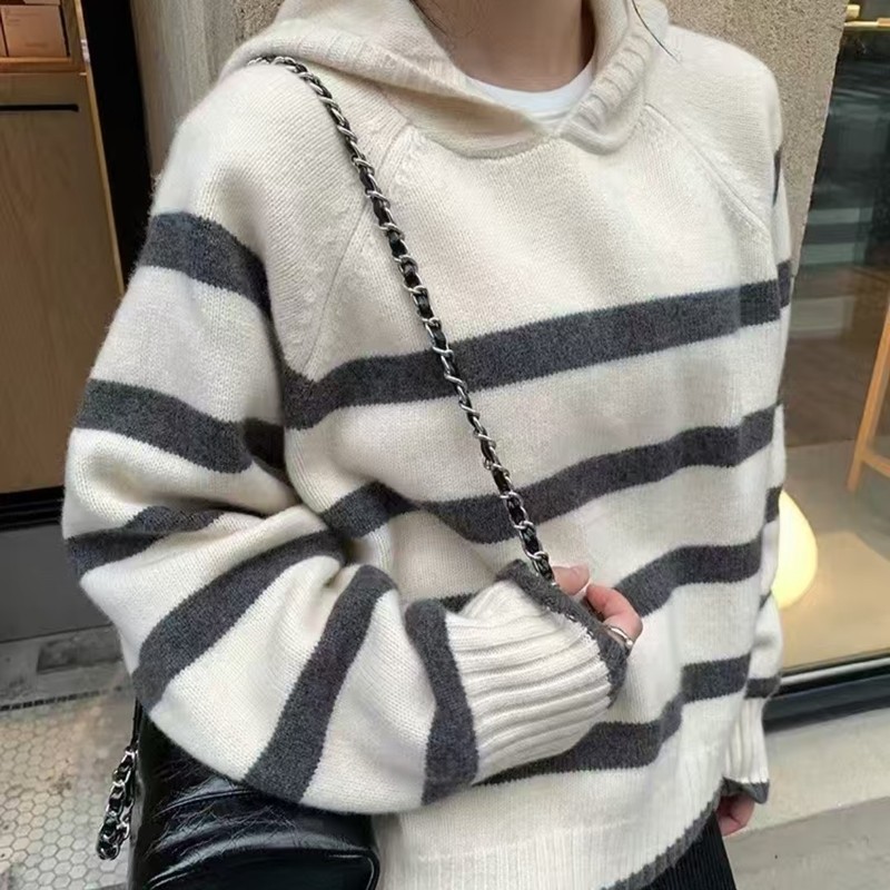 韩版复古条纹连帽毛衣女秋冬新款宽松拼色百搭慵懒风套头针织衫|undefined