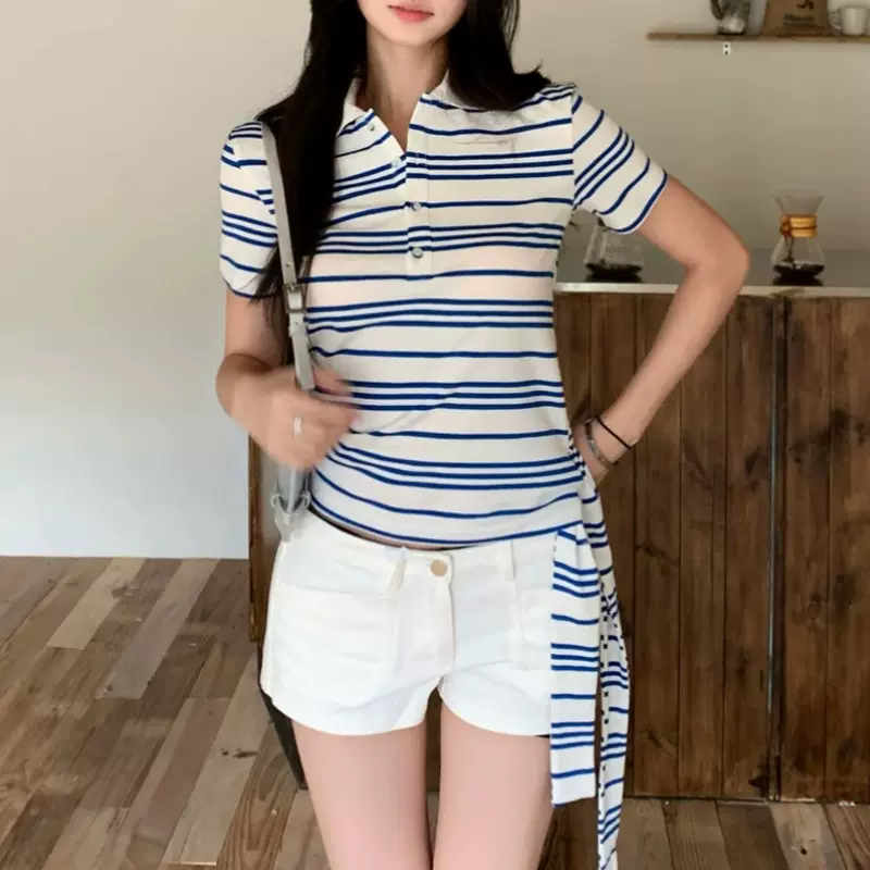 2025夏季新款 海风信号 夏修身v领正肩短袖蓝白条纹T恤上衣女系带