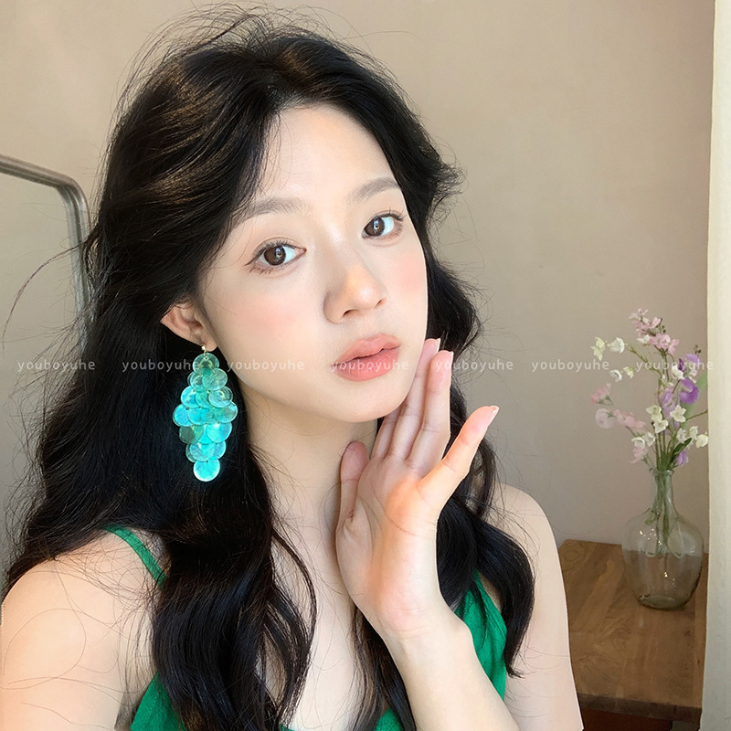ミントグリーンの天然貝殻イヤリング、女性用、超妖精、美しい、ハイエンド、気質イヤリング、ニッチなロングタッセルイヤリング|undefined