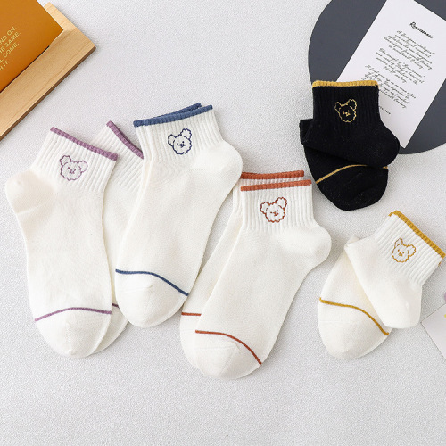 Socks for women spring and summer new pure cotton boat socks for women cartoon bear white fresh short-tube low-top women's socks wholesale
