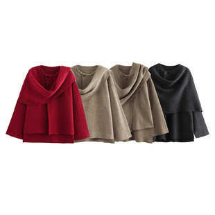 AD Wholesale Cross-border European and American Autumn and Winter New Sweater Women's Wear with Asymmetric Scarf Short Knitted Coat Jacket