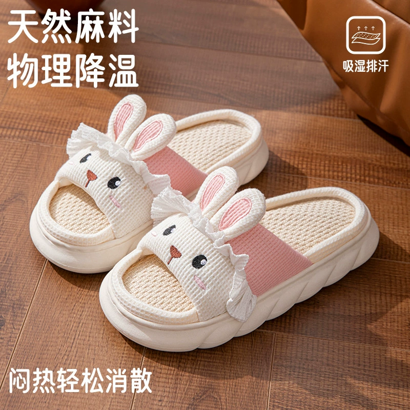 Толстоподошвенные льняные тапочки с изображением коровы, лягушки, панды и кролика, открытые домашние тапочки из милой ткани с животными, льняные тапочки.