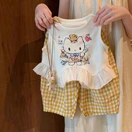 韩版童装女童夏季套装2026幼儿园宝宝新款花边背心黄色格子防蚊裤