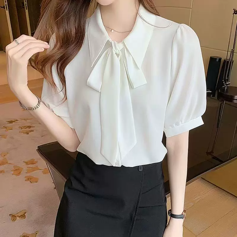 大码蝴蝶结时尚系带雪纺女上衣夏季新款气质职业衬衣百搭洋气上衣