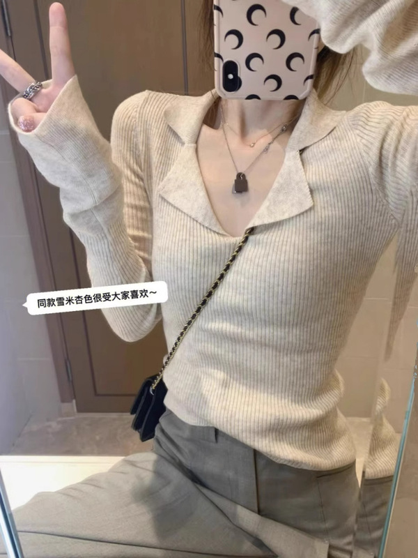 v领长袖针织打底衫女2025秋季polo领设计感小众修身内搭毛衣上衣|undefined