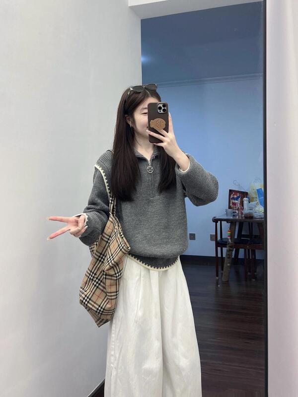 深秋初冬搭配一整套设计感短款半拉链高领拼接上衣高腰裤子两件套|undefined