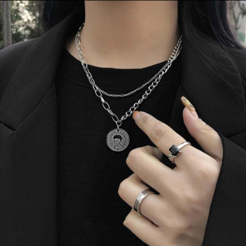 小王子項鍊女潮ins簡約復古雙層疊戴鎖骨鏈圓牌吊墜嘻哈鈦鋼掛件