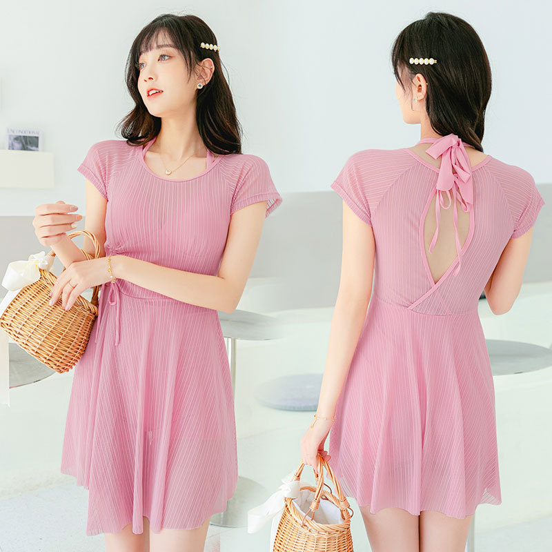 Boxer traje de baño de una pieza de estilo coreano de las mujeres falda conservadora de moda que adelgaza el traje de baño que cubre el vientre traje de baño de playa de aguas termales