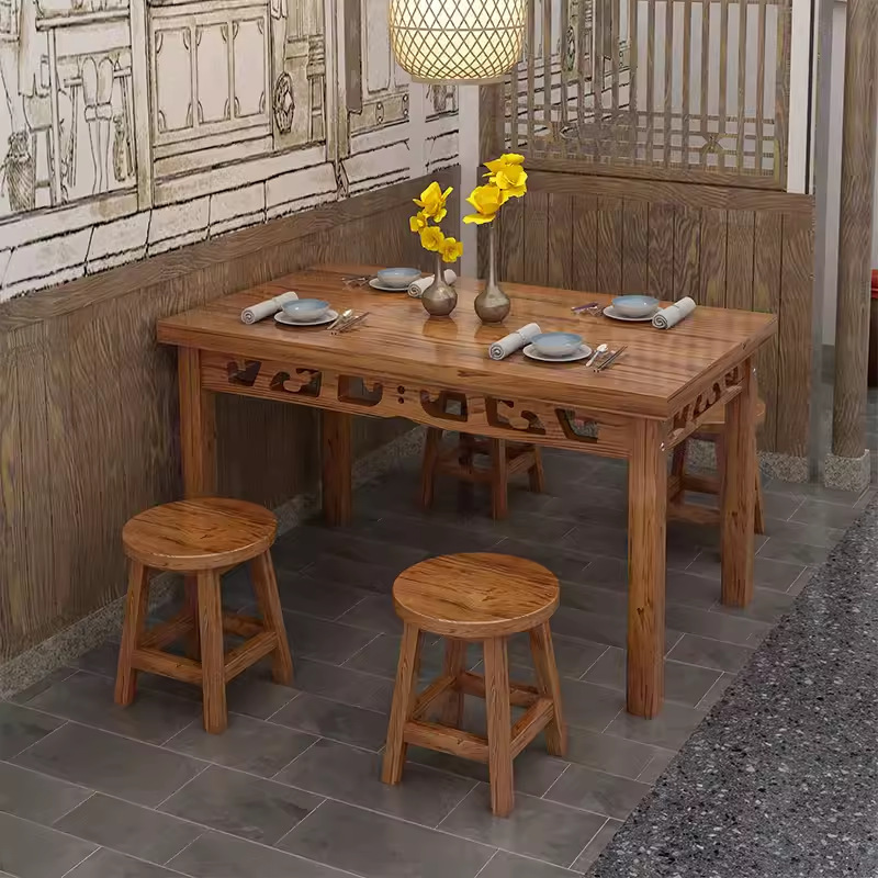 烧烤早餐面馆饭店火锅桌椅组合实木餐桌椅餐桌食堂雕花小吃店碳化|undefined