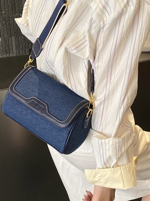 Bolso cilíndrico retro transfronterizo mujer 2026 nueva moda vaquero empalme bolso cuadrado textura banda ancha mochila image 4