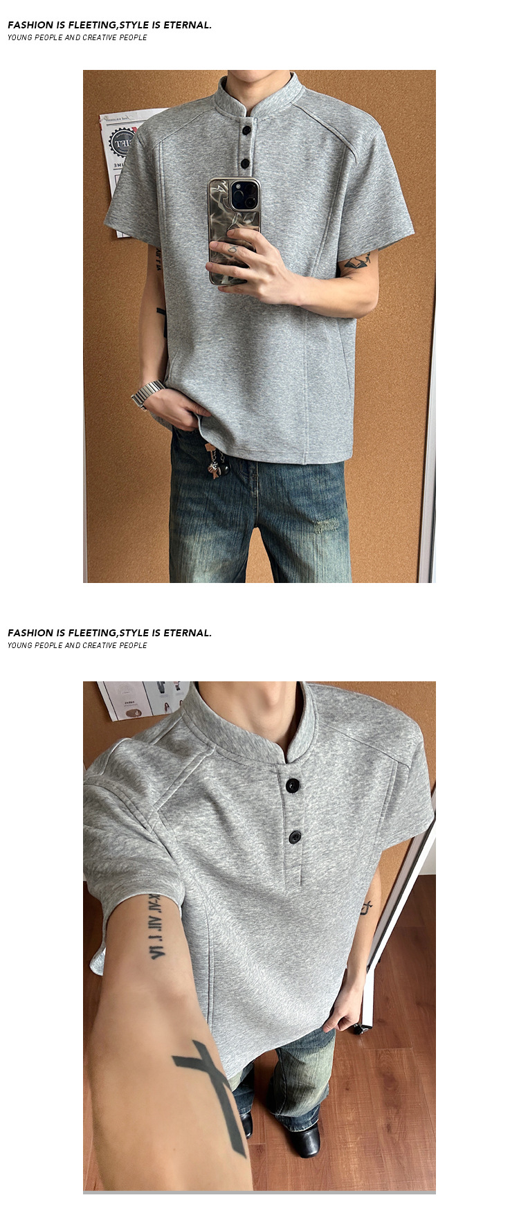T-shirt da uomo high street con collo alla coreana casual top_voghion.com