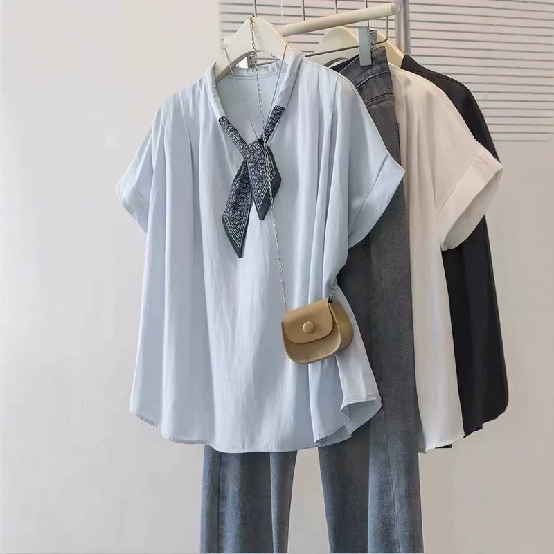 Cross-Border Solid Color Plus Size 120kg Ethnic Style Silk Scarf V-Neck Short-Sleeve Shirt for Women, New Loose Casual Niche Top