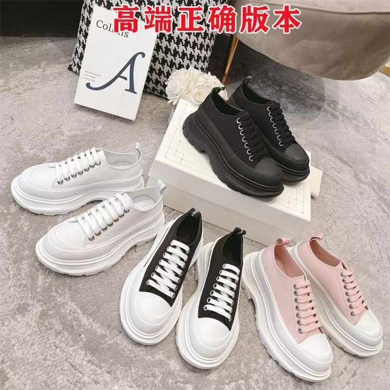 2024 Mcqueen Canvas Shoes Thick-Soled Dad Shoes Height-Increasing White Shoes Versatile Casual Shoes for Men and Women with Embroidery Design
