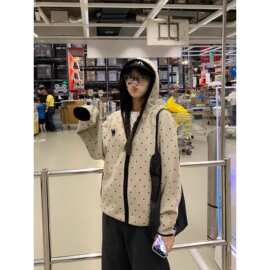 好质量 美式潮波点连帽卫衣女秋冬新款复古刺绣休闲宽松外套