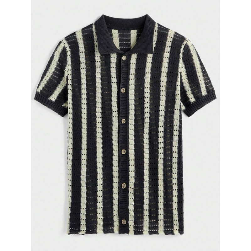 秋季新款跨境外贸 Knitwear 男士条纹短袖空心单排扣|undefined