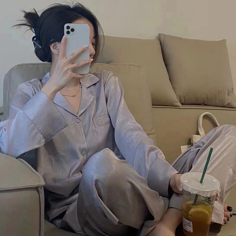 Herringbone Jacquard Ice Silk Pajamas Women's Long Sleeve Loose Thin Home Suit Internet Celebrity Live Foreign Trade Wholesale