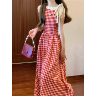 红色格子无袖背心连衣裙女夏季大码胖mm法式独特绝美度假风长裙