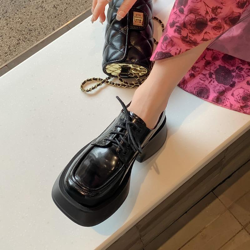 Giày loafer nữ đế xuồng buộc dây phong cách Pháp, gót platform 5 cm — màu đen