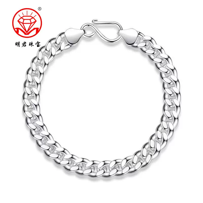 990足银古巴链单扣链男士纯银手链高级感情侣马手饰银饰送男友