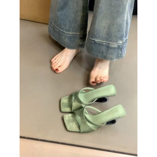 French Style Elegant Niche Open Toe Square Toe Sandals and Slippers Women's Summer Wear One-word High Heels with High Heels with Thick Heels