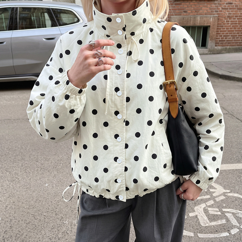 Amazon European and American Cross-Border 2026 Fall/Winter New Casual Versatile Stand Collar Tie-Waist Polka Dot Long-Sleeve Windproof Jacket Amazon European and American Cross-Border 2026 Fall/Winter New Casual Versatile Stand Collar Tie-Waist Polka Dot Long-Sleeve Windproof Jacket