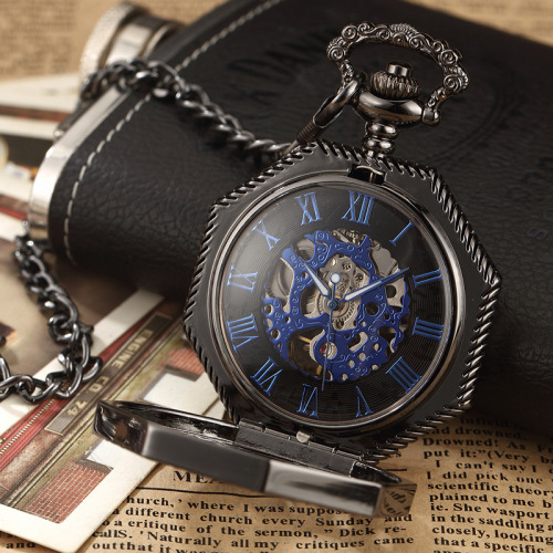 Amazon Hot Selling Skeleton Pocket Watch Engraved Octagonal Mechanical Pocket Watch Retro Roman Blue Numbers Wholesale