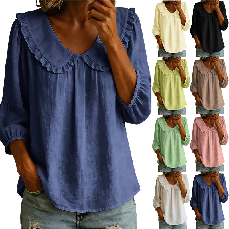New European and American cross-border Amazon women's fashion casual loose-fitting collared lace solid color long-sleeve top shirt New European and American cross-border Amazon women's fashion casual loose-fitting collared lace solid color long-sleeve top shirt