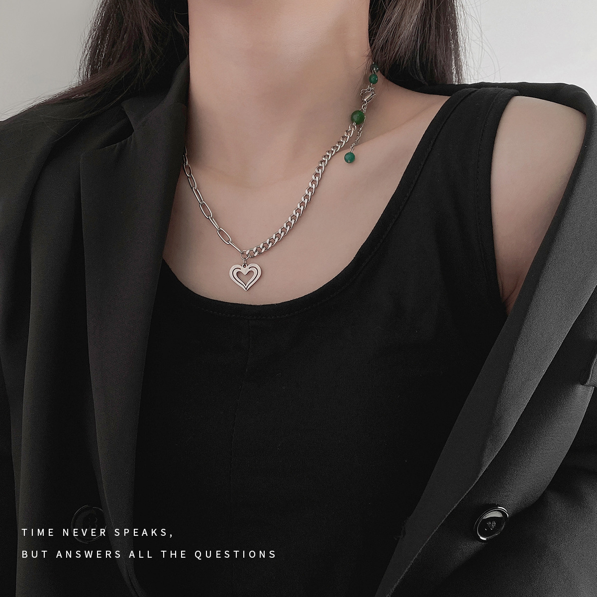 镂空爱心不对称拼接项链女ins玛瑙绿圆珠钛钢气质小众冷淡风配饰