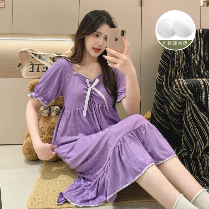 Fábrica directa de verano vestido de pijama de mujer sobre rodillas dopamina de color sólido plegado pozo cómodo vestido de hogar vestido largo cojín de pecho