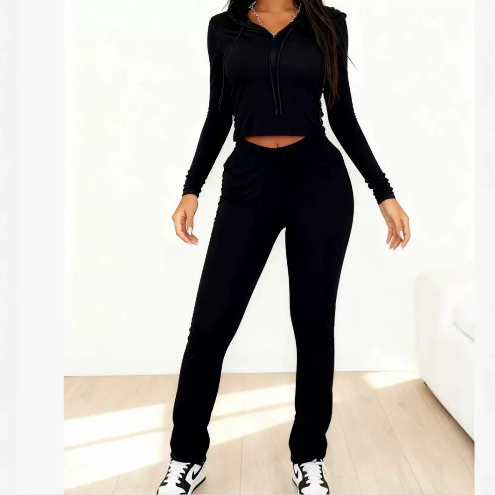 跨境欧美风秋季女装运动健身两件套长袖连帽衫速卖通亚马逊爆款