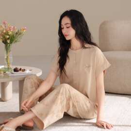 夏季新款爽棉女短袖长裤开衫睡衣时尚休闲女家居服图片色拉架爽棉