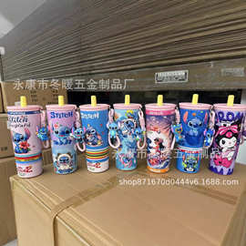 新款卡通不锈钢手提绳吸管杯双层真空保温杯户外便携车载汽车杯带