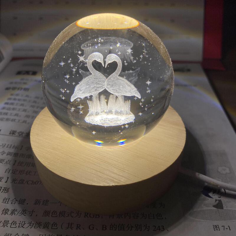 Wooden creative 3D desktop night light crystal ball USB plug-in solid wood glow light base Valentine's Day gift