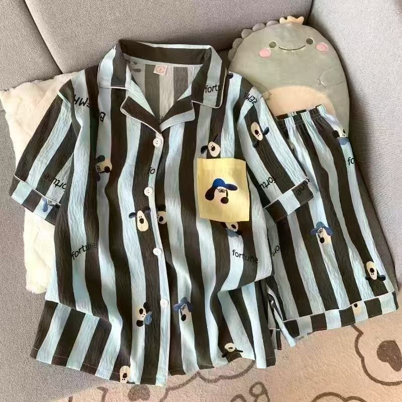 Comercio exterior de Vietnam verano nuevo estilo nube rebeca de algodón solapa dulce pijama de dibujos animados pantalones cortos de manga corta traje de servicio a domicilio para mujer
