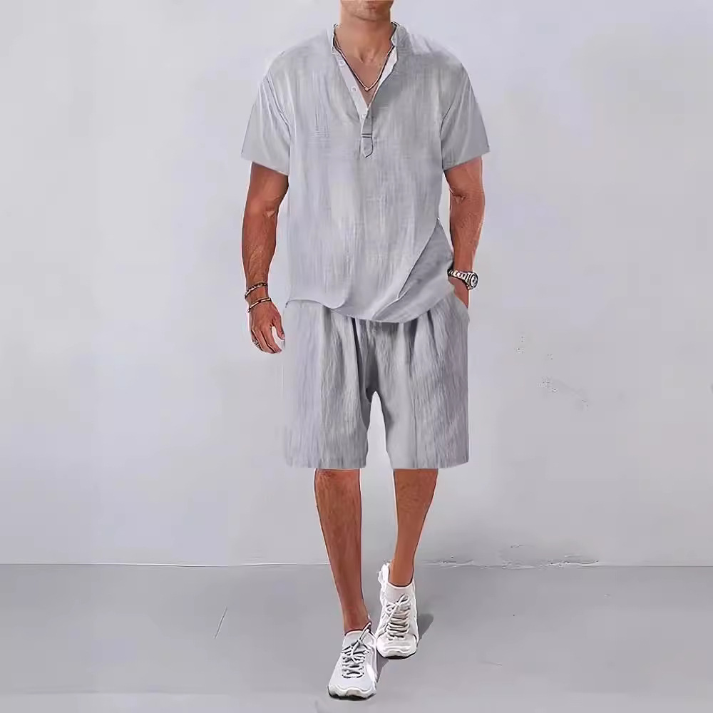 2023 Summer New Amazon Independent Station European and American Men's Solid Color Casual Short Sleeve Casual T-shirt Shorts Set