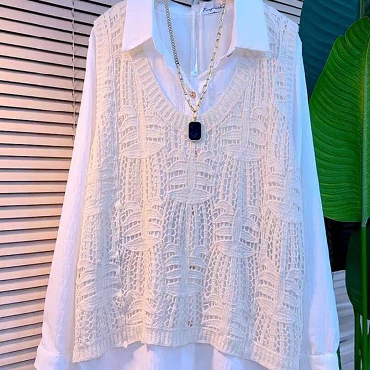 Mm Good Knitwear European Style Fashion Simple Plus Size Vest New Large Size Women's Crochet Flower Pattern Shirt Set