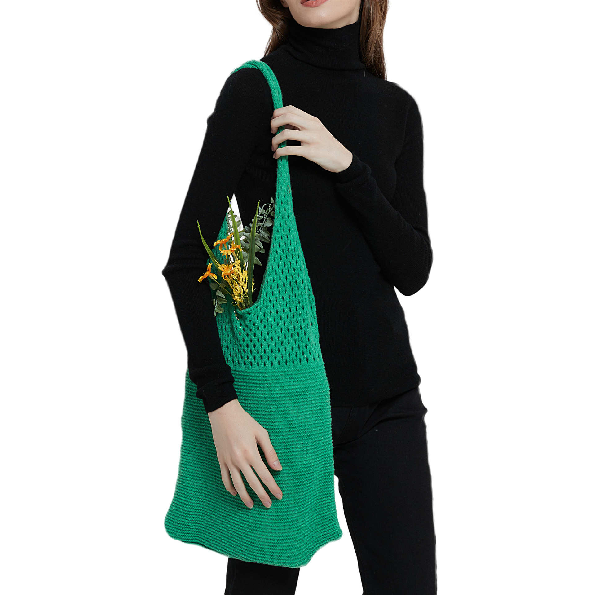 Unisex Women's solid color knitted shoulder bag hollow handbag_voghion.com