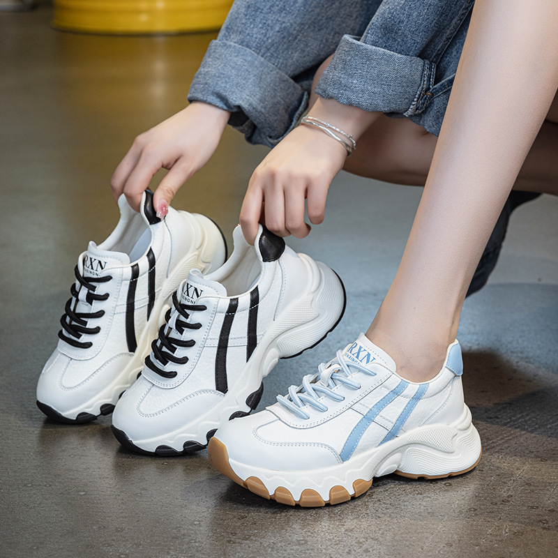 Genuine Leather Shoes for Women 2026 Spring New Style First-Layer Cowhide Thick-Soled Color-Blocking Lace-Up Versatile Casual Sports Dad Shoes