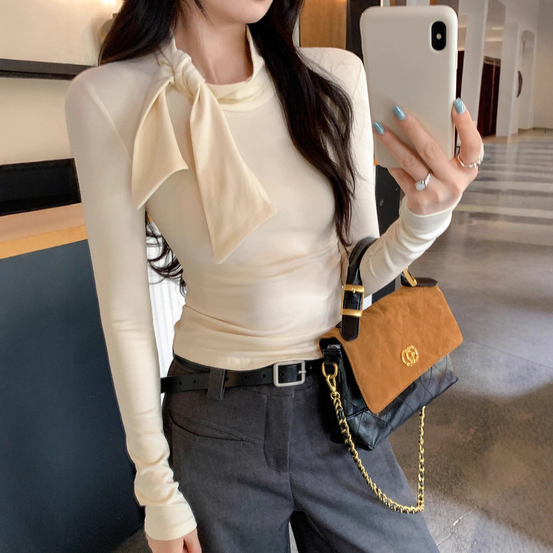 Half Turtleneck Lace-Up Slim Long-Sleeved T-Shirt for Women Spring, Autumn and Winter New French Style Gentle Inner Layering Shirt Slimming Look Top