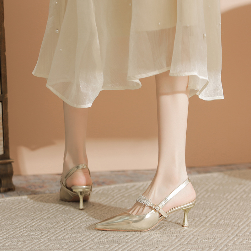 Golden Baotou Sandals Women's Summer Rhinestone Don't Fall-off Heel Stiletto Pointed Rear Empty plus size High-heeled Shoes 5cm