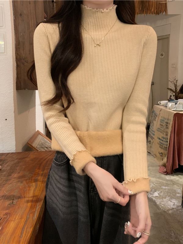 跨境木耳边半高领长袖打底针织衫上衣秋冬季加厚一体绒保暖毛衣女|undefined