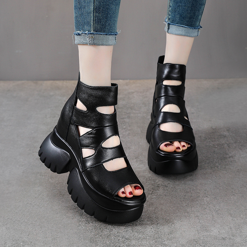 Giày sandal cao gót nữ hở mũi da bò thật đế dày tăng chiều cao — màu đen
