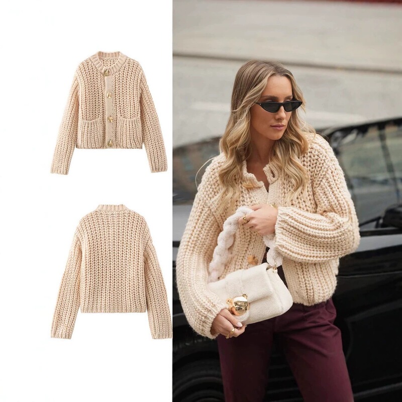 Cross-Border Amazon European and American Style Solid Color Round Neck Buttoned Sweater Cardigan Loose Casual Long-Sleeved Knitwear Jacket