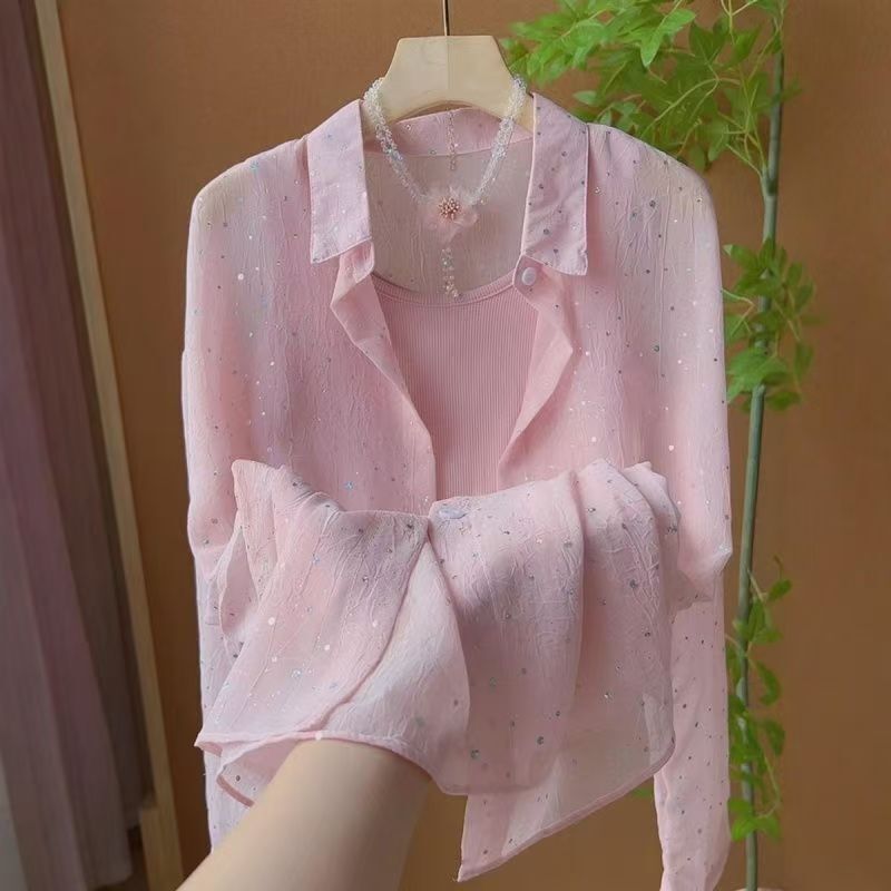 French-Style Sequined Sun-Protective Shirt for Women, Summer High-End Loose-Fitting Thin Long-Sleeve Casual Cardigan Shirt Jacket