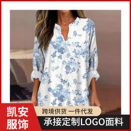 新款热销女装欧美速卖通亚马逊 花卉风格数码印花长袖V领衬衫5850